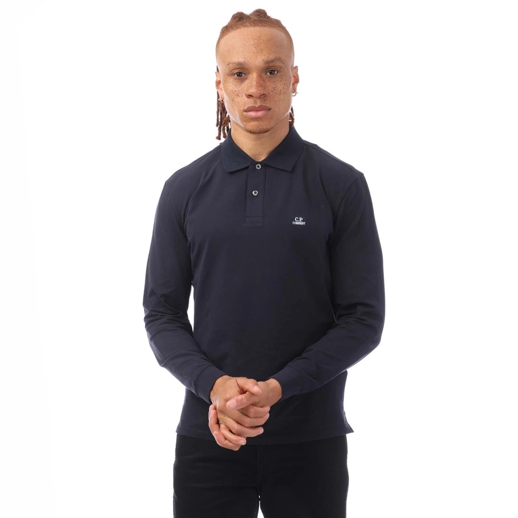 CP Company Mens Stretch Piquet Long Sleeved Polo Shirt in Navy Cotton - Size Large